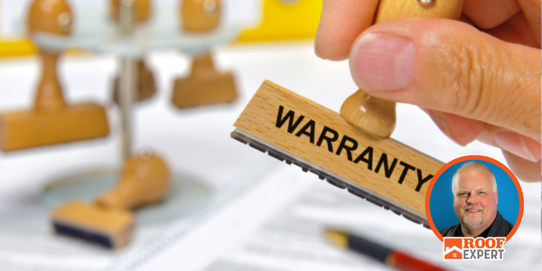 Image of a hand wielding a stamp labelled warranties, Will’s headshot in the bottom right