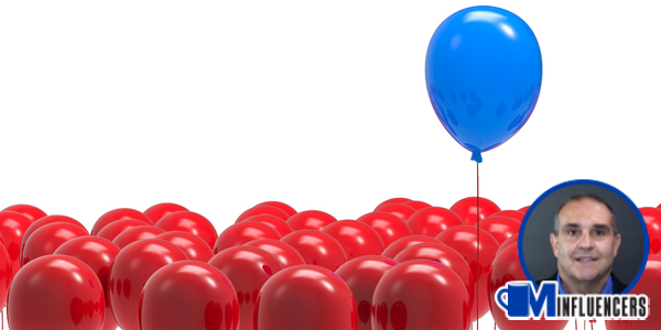 image of a blue balloon rising above red balloons, John Kenney’s headshot in the bottom right