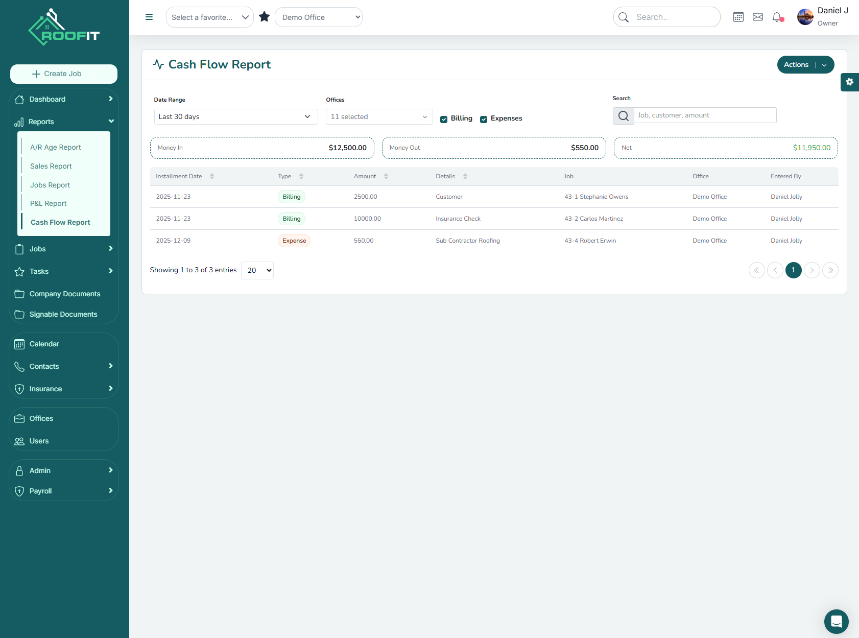 Roofit - cash flow report
