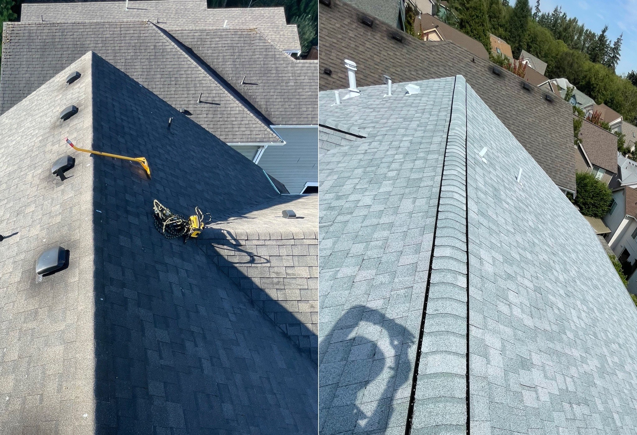 Before and after of a shingle replacement Before and after of a shingle replacement